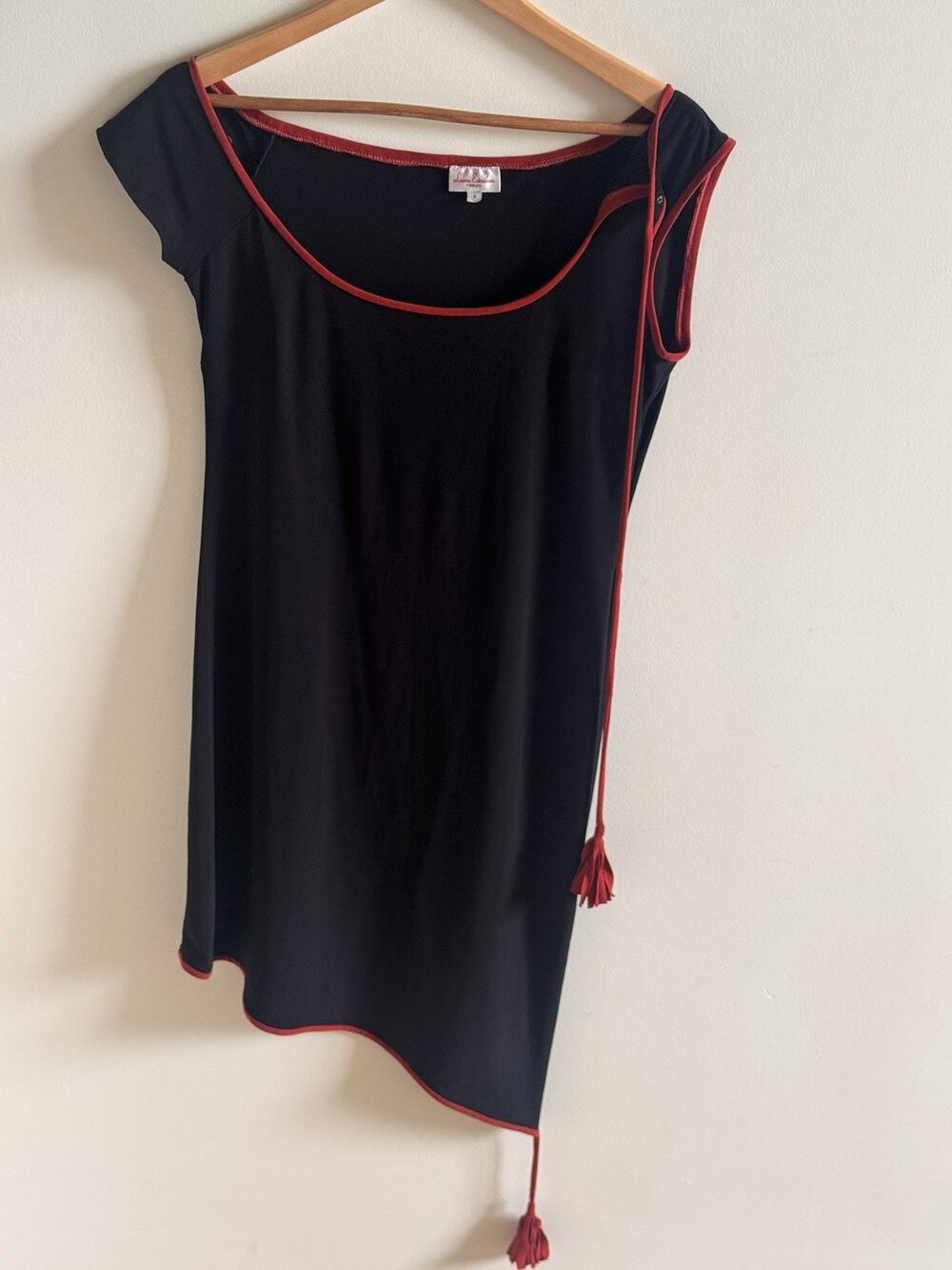VTG Leona Edmiston Asymmetrical Black Dress Red Trim Tassel Size 10 Boho Y2K